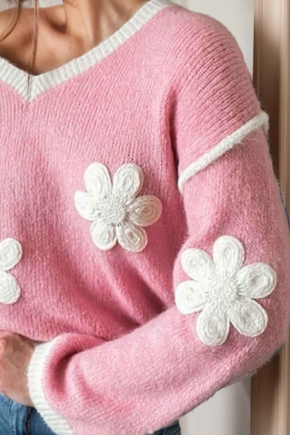 Sweater Pink Flower V-Neck Dropped Shoulder Knit Long Sleeve Knitwear fd1e294c-9407-4f49-ab57-99eb25be2a33-Max Trendsi