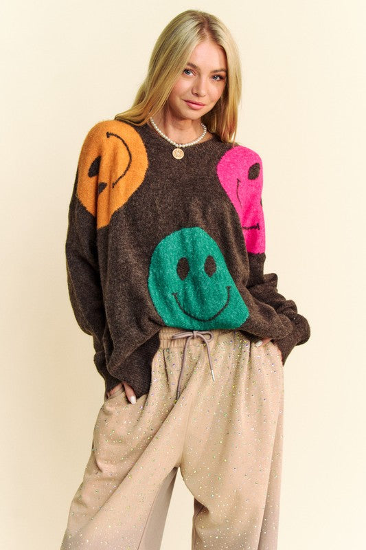 Davi & Dani Dark Brown Sweater Colorful Smile Round Neck Oversize Pullover