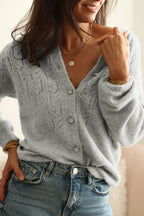 Gray Cardigan Woolen Blend Openwork Button Down Long Sleeve Knitwear fd266634-77fc-4183-9d8a-da6a6c18d938-Max Trendsi
