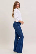 Judy Blue Flare Jeans High Waist Dark Wash with Front Patch Pockets fd2cc1e7-1a06-4815-be46-8bcb328c4f2b-Max-Origin Trendsi