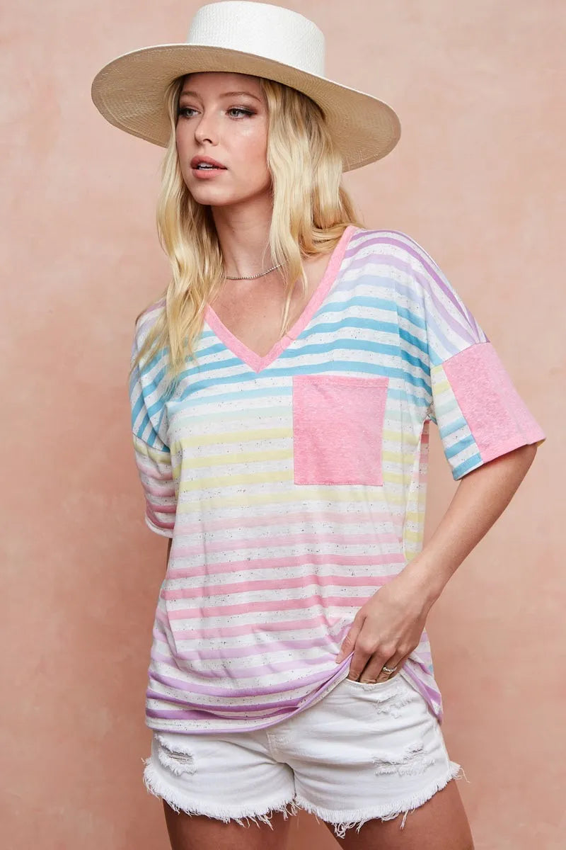 BiBi Cotton T-shirt Rainbow Stripe Printed Triblend Knit Short Sleeve Top fd2df0431c5348db8028a0f361eeab98-Max-Origin Trendsi