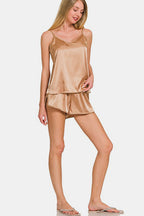 Zenana Satin Lounge Set V-Neck Cami and Elastic Waist Shorts Brush fd3143c2-564d-4c59-8aa6-ddda97b169ef-Max Trendsi