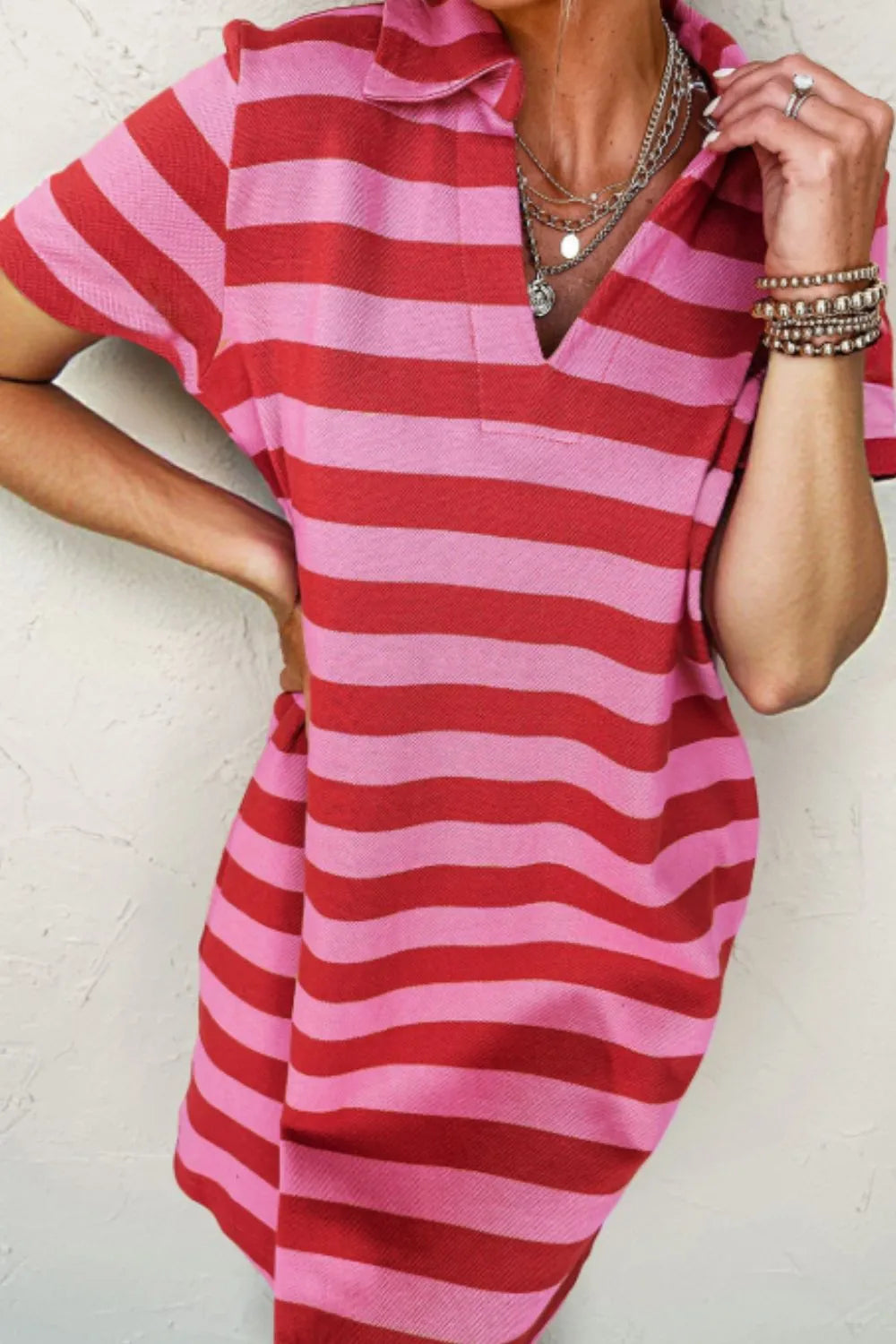 T-Shirt Dress Casual Striped Polo Collar Short Sleeve with Pockets fd33b49d-ad16-40f5-b5dc-ac6c15221c43-Max-Origin Trendsi