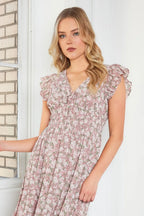 Mittoshop Midi Dress Flower Print Ruffle Cap Sleeve V-neck Mauve Floral fd3e574ca4a4462db28dcff8133ca516-Max-Origin Trendsi