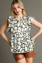Umgee Blouse Black Two Tone Animal Print Notched Ruffle Cap Sleeve Top Black fd491f75-6c97-404d-84a6-a5fb6b59fddb-Max Trendsi