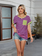 Women's T-Shirt Striped Round Neck Short Sleeve Front Pocket Top fd511303-ba0c-453e-a0b0-524636e30a5c-Max Trendsi
