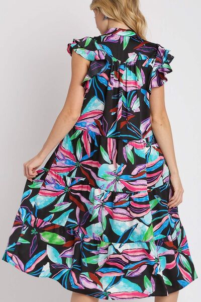 Umgee Ruffle Dress Leaf Black Colorful Print Double Layered Short Sleeve fd536a18-6296-4b66-9c34-6560ca4173c7-Min Trendsi