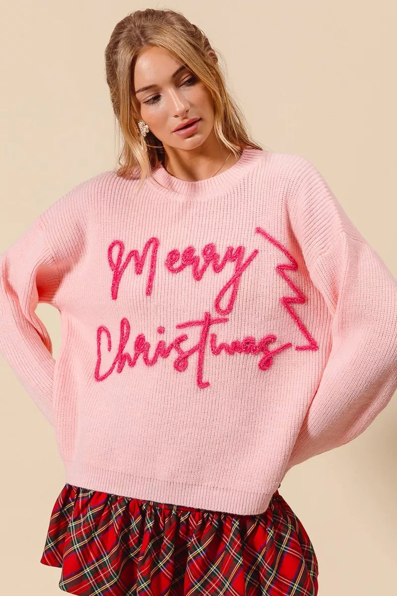 SO ME Womens Sweater Pink Merry Christmas Tinsel Lettering Pullover fd5a71874d72436488c37464750f0076-Max-Origin Trendsi