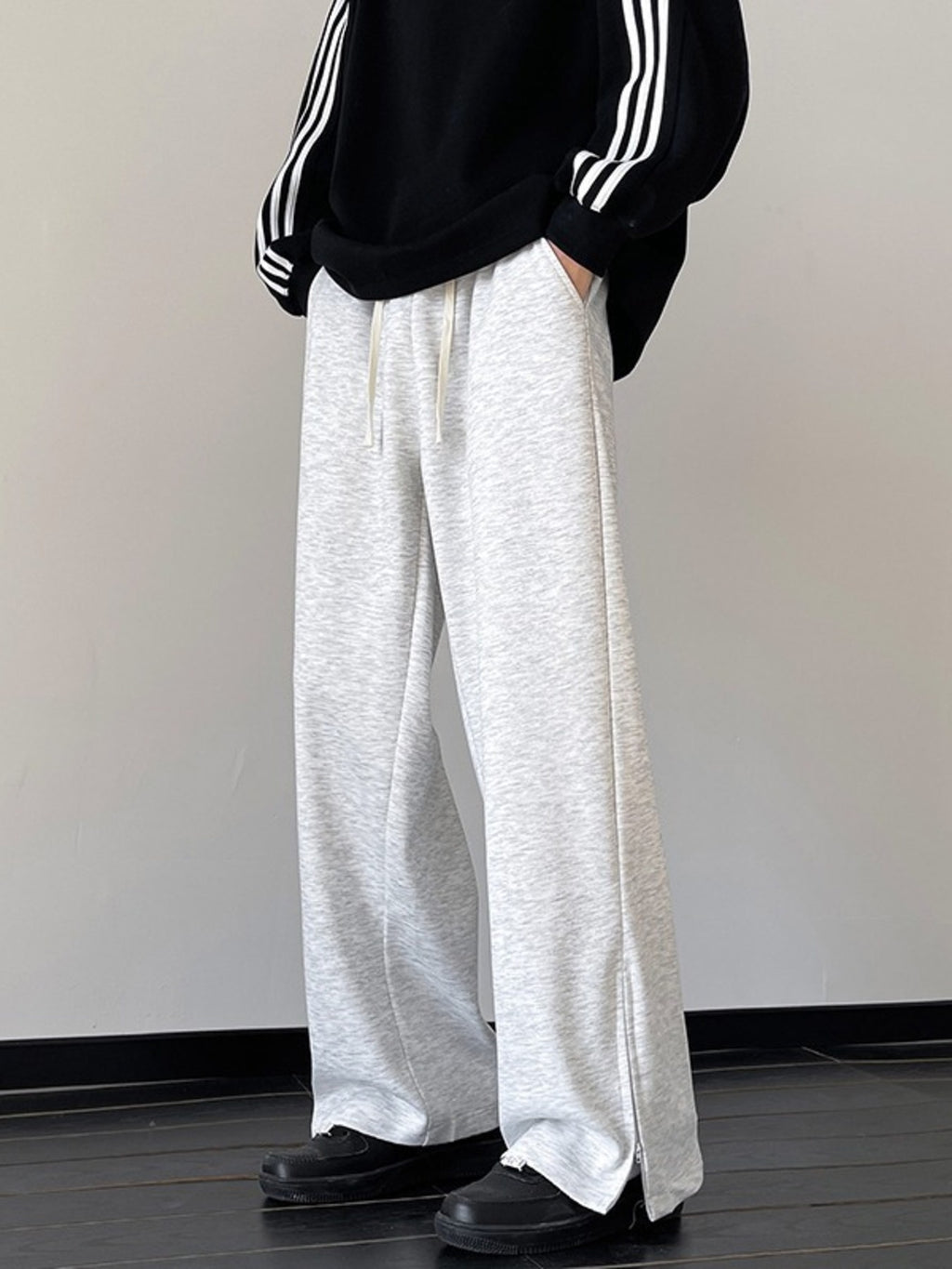 Men's Plus Size Wide Leg Pants with Drawstring Waist and Side Slits
