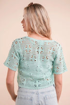 VERY J Crop Top Crochet Mint Front Tie Openwork Knit Short Sleeve fd6c338f0dc34e8c886dd4e1549c7ce0-Max-Origin Trendsi