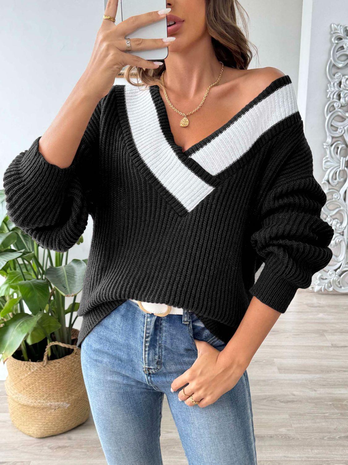 Sweater V Neck Contrast Dropped Shoulder Long Sleeve Knitwear fd6f7dc0-a813-4a43-9f3d-ce36c3e207ac-Max Trendsi