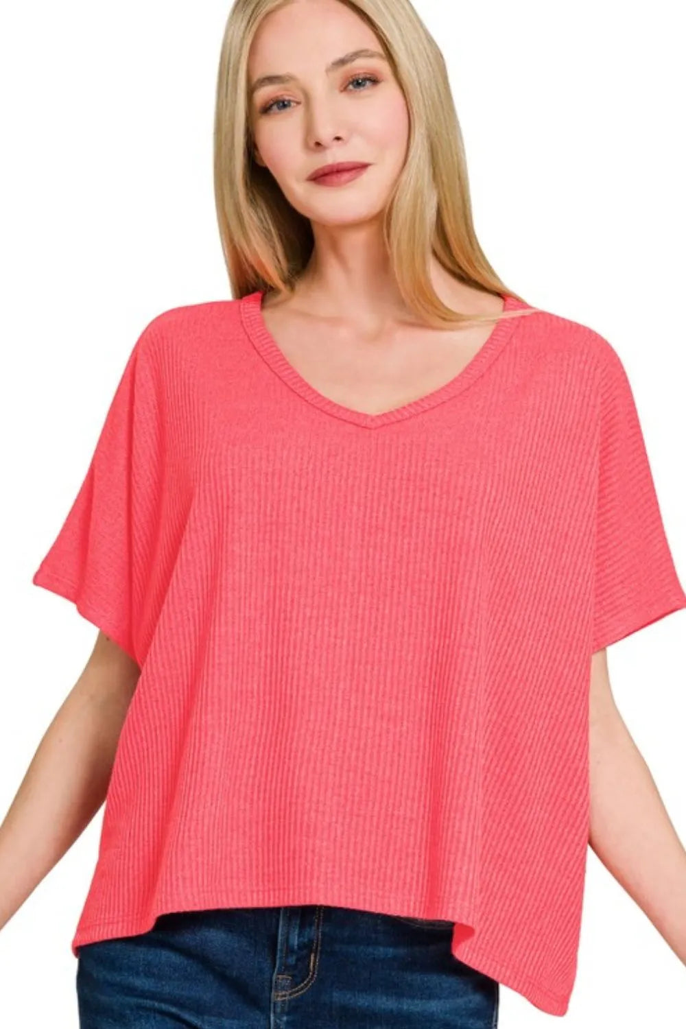 Zenana Ribbed Knit Top Coral V-Neck Short-Sleeve Oversized T-shirt CORAL fd6f977a-e1c6-4e7b-865d-2f4858bfd866-Max-Origin Trendsi