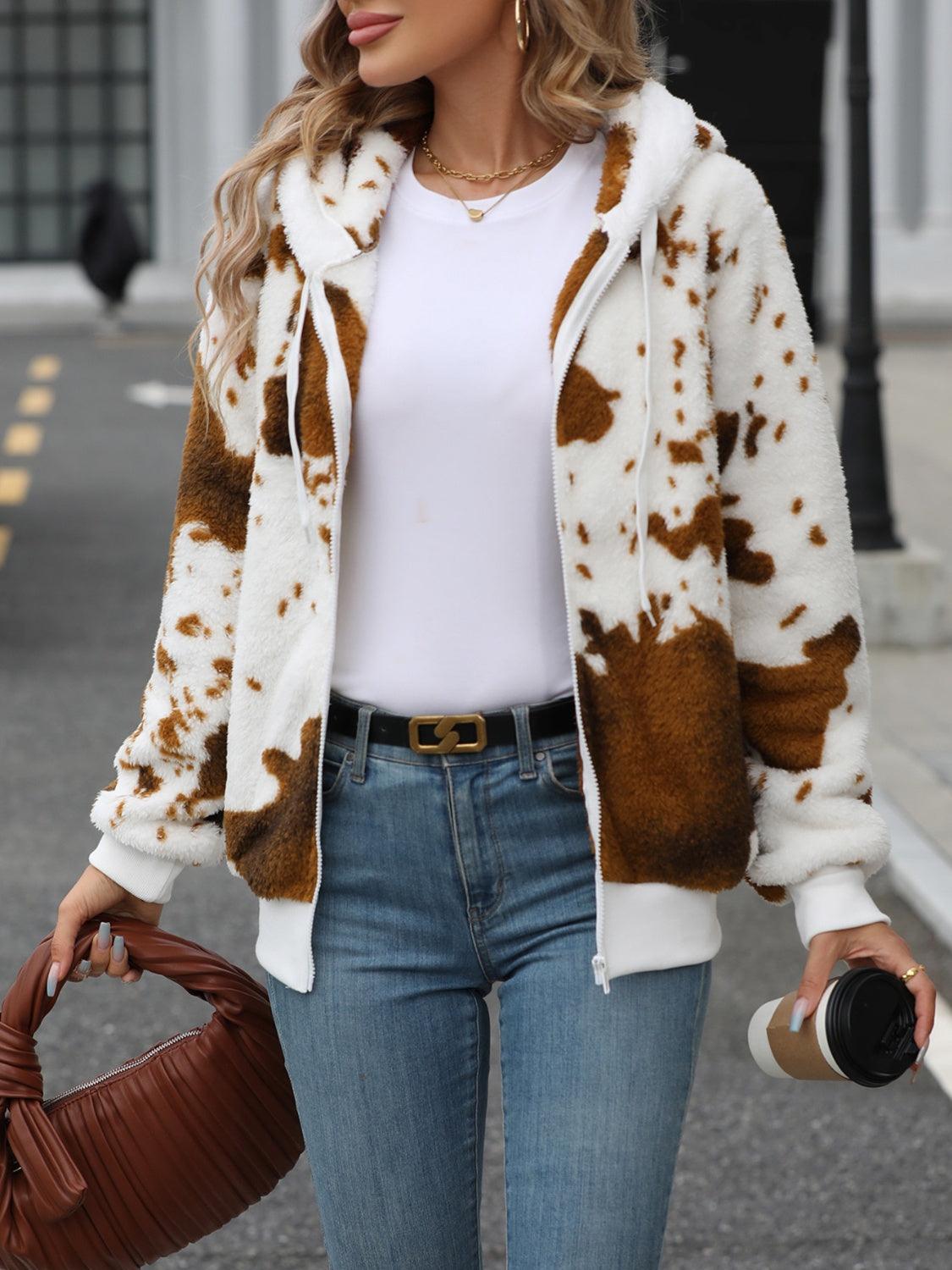 Fuzzy Jacket Animal Print Drawstring Zip Up Hooded Outwear