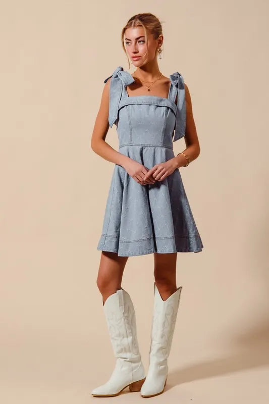 SO ME Denim Dres A Line Fit and Flare Diamond Bow Ribbon Bow Tied Straps fd7501aa34d147f5986e24fb5c1f8e33-Max-Origin Trendsi