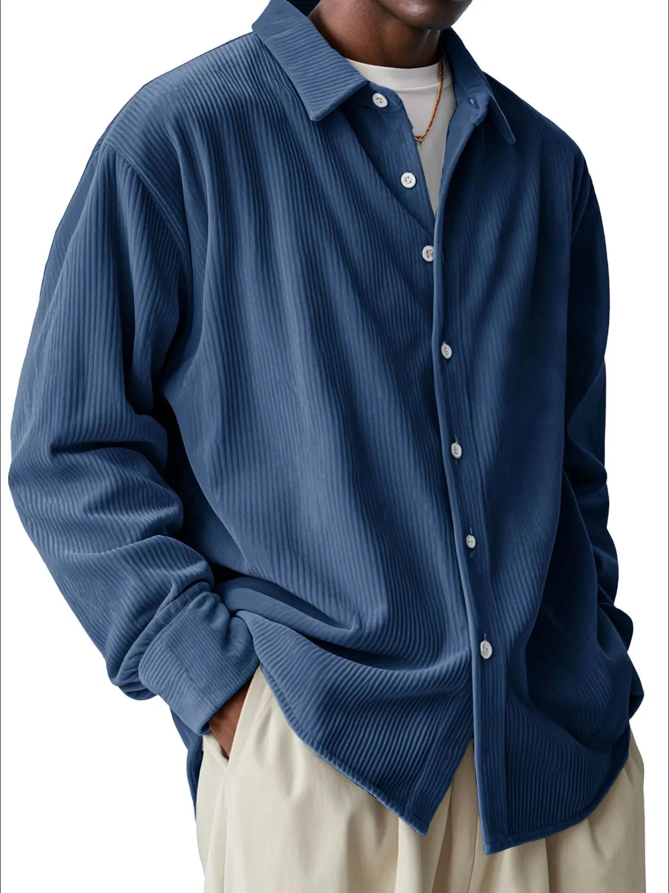 Men's Corduroy Shirt Textured Buttoned Long Sleeve Ribbed Oversized Top S-4XL Navy Blue fd7aefad-bf2d-49e6-b869-2584e4dcbe66-Max-Origin Trendsi