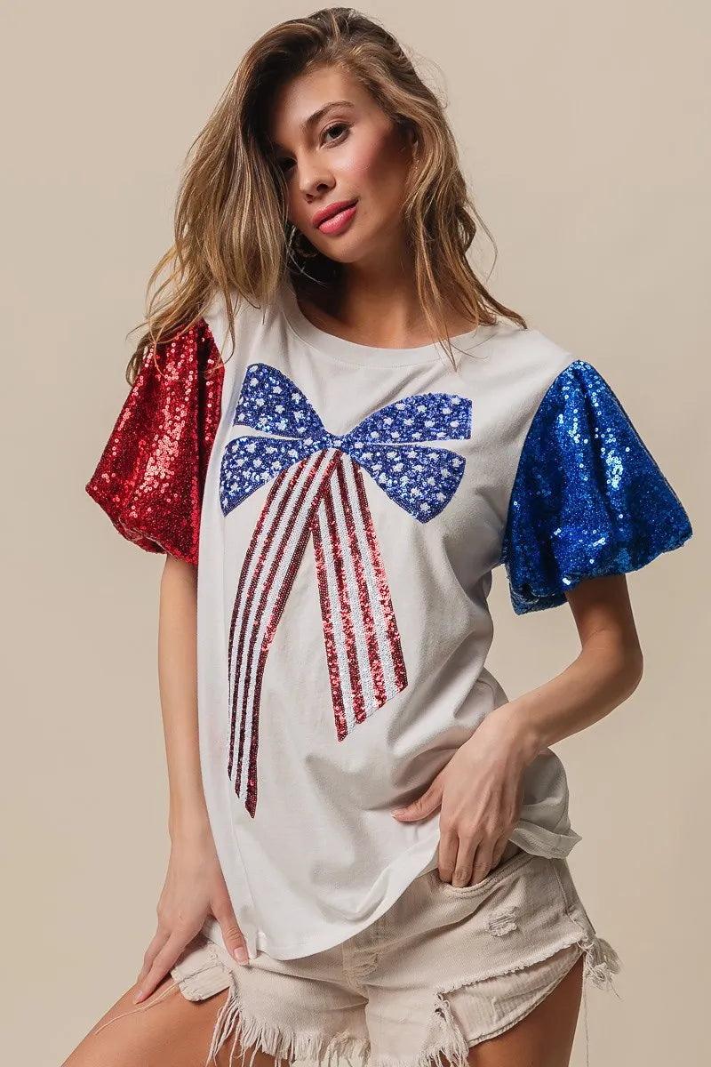 BiBi Cotton T-shirt Sequin American Flag Bow Top Short Puff Sleeve fd819412633246769bc18496f625a423-Max-Origin Trendsi