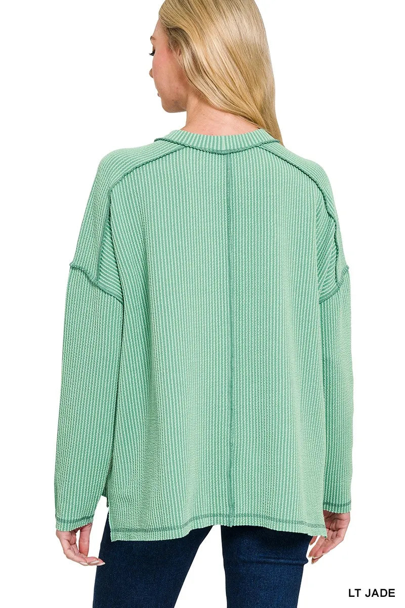 Zenana Corded Rib Knit Top Light Jade Exposed Seam Long Sleeve Oversized fd81b464256746f8ae829b6f2a6e6631-Max-Origin Trendsi