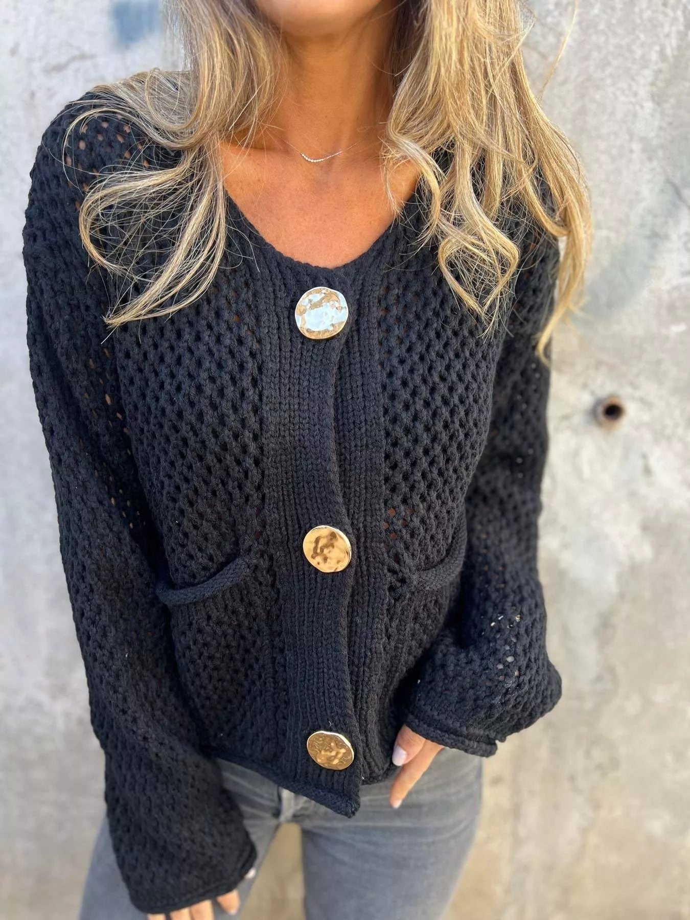 Women's Cardigan Crochet Knit Button Up Long Sleeve Black fd893e4d18414ca2b40ca4c79abca0ea-Max-Origin Trendsi