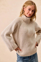 BiBi Womens Knit Top Taupe Two Tone Rib Texured with Zip Up Collared Sweater fd8ae6673bb74148bdba18e7dcc34ca4-Max-Origin Trendsi