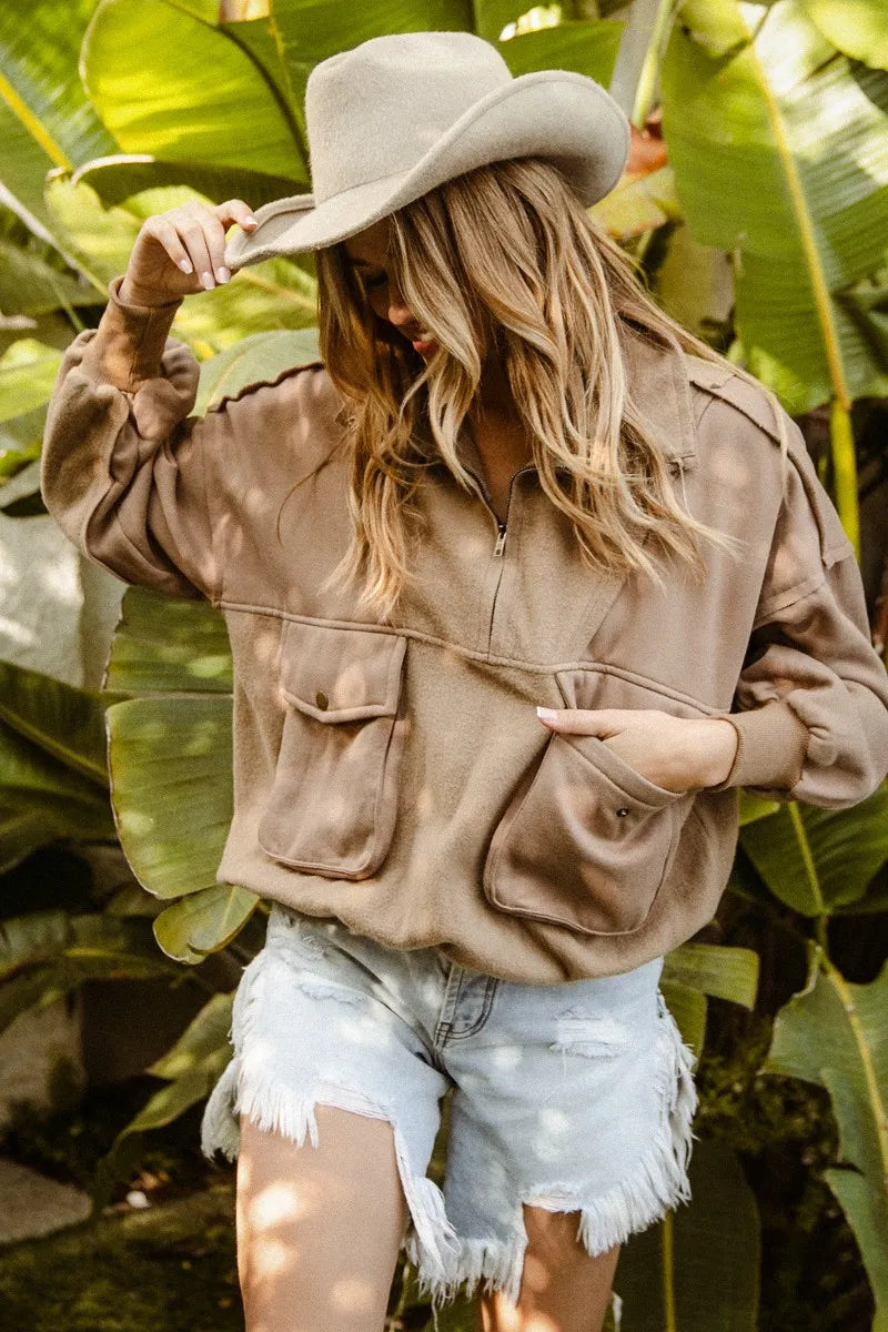 BiBi Fleece Pullover Womens Mocha Half Zip Vintage Washed Half Zip Top fd8b4dc7210744bf944692b8087708e1-Max-Origin Trendsi