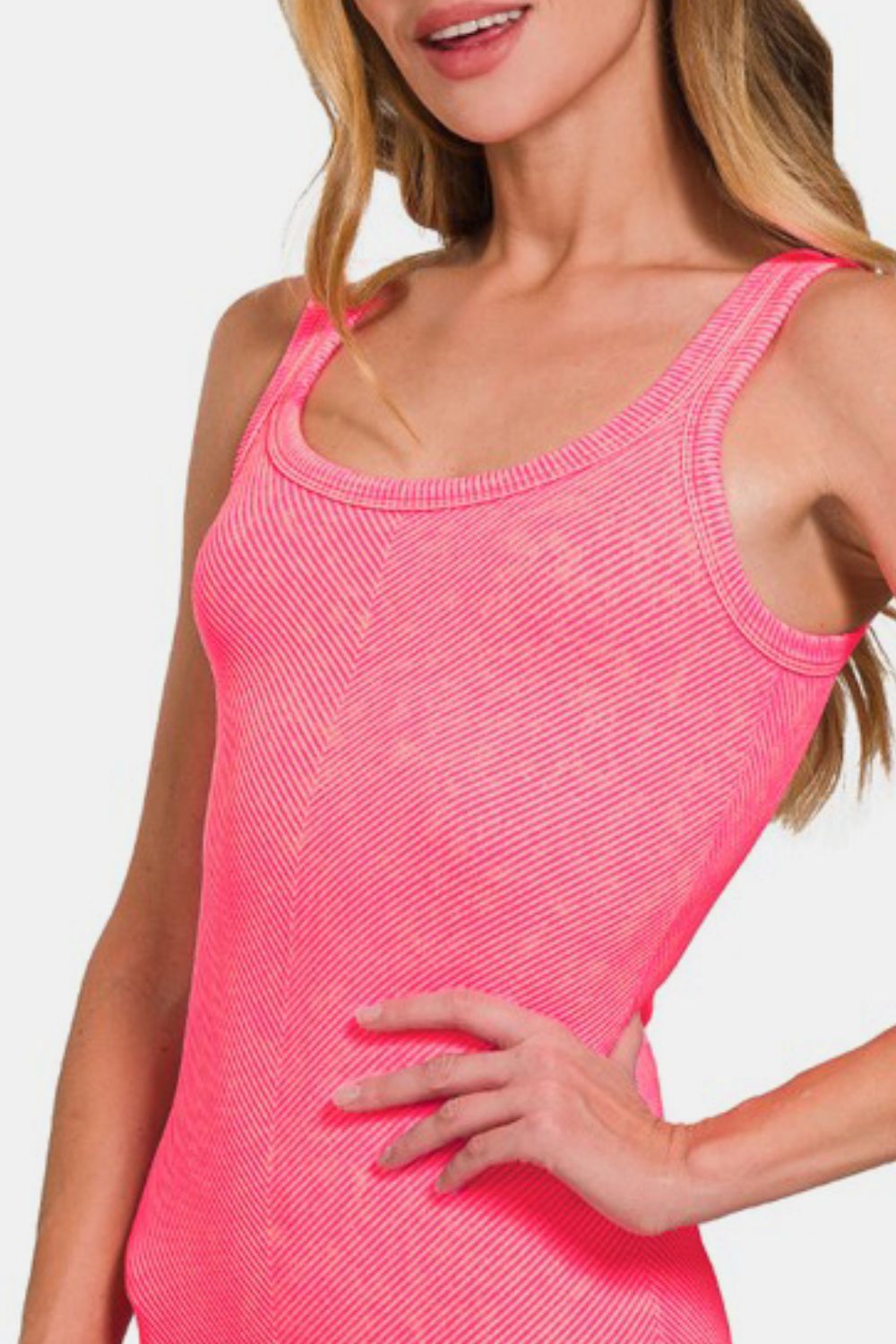 Zenana Tank Top Washed Ribbed Scoop Neck Wide Strap Coral Fuchsia