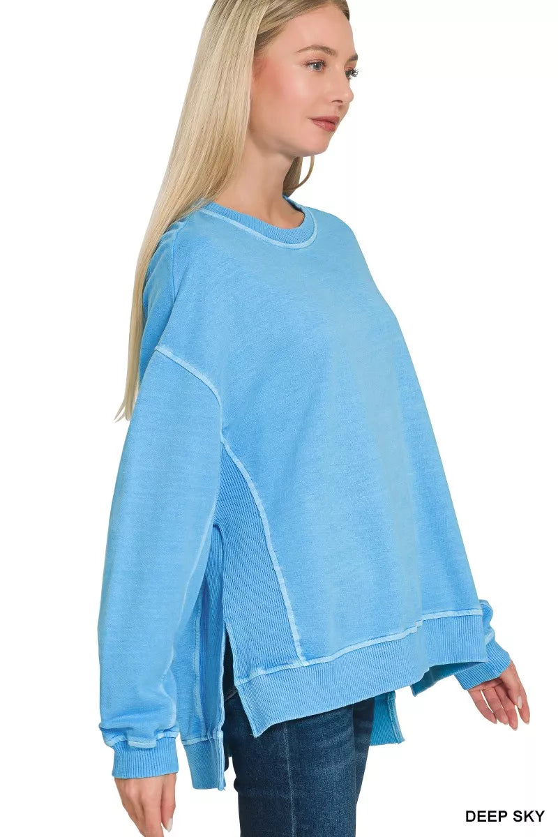 Zenana Womens Pullover Sky Blue French Terry Pigment Dye & Enzyme Washing