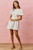 SO ME Jacquard Mini Dress White Floral Bubble Shorts Sleeves fdacb27c1cf847f18dd287c706fab03a-Max-Origin Trendsi
