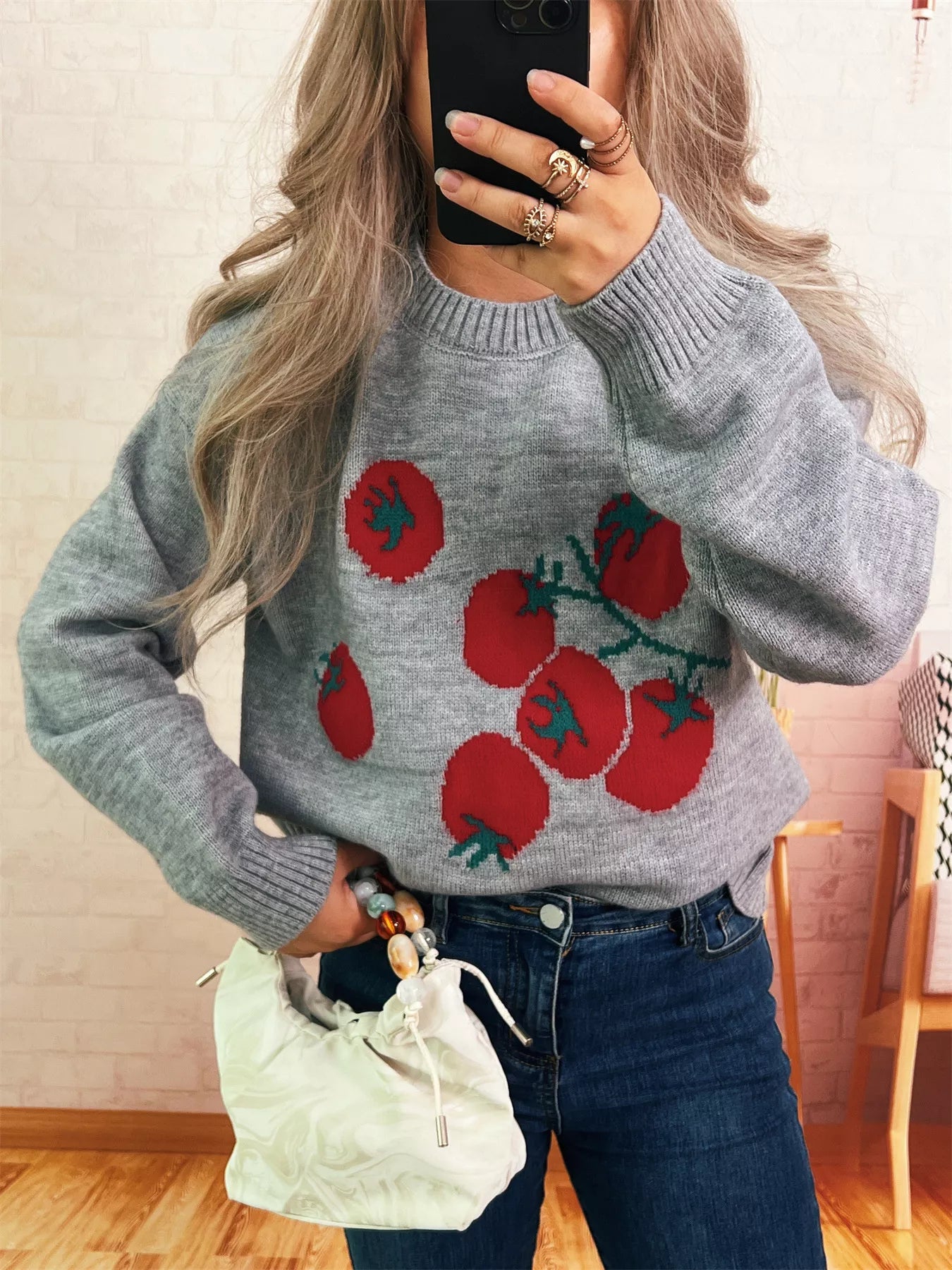 Women's Sweater Persimmon Round Neck Long Sleeve Pullover Gray One Size fdb4a64d97f8404182cc6911503777c2-Max-Origin Trendsi