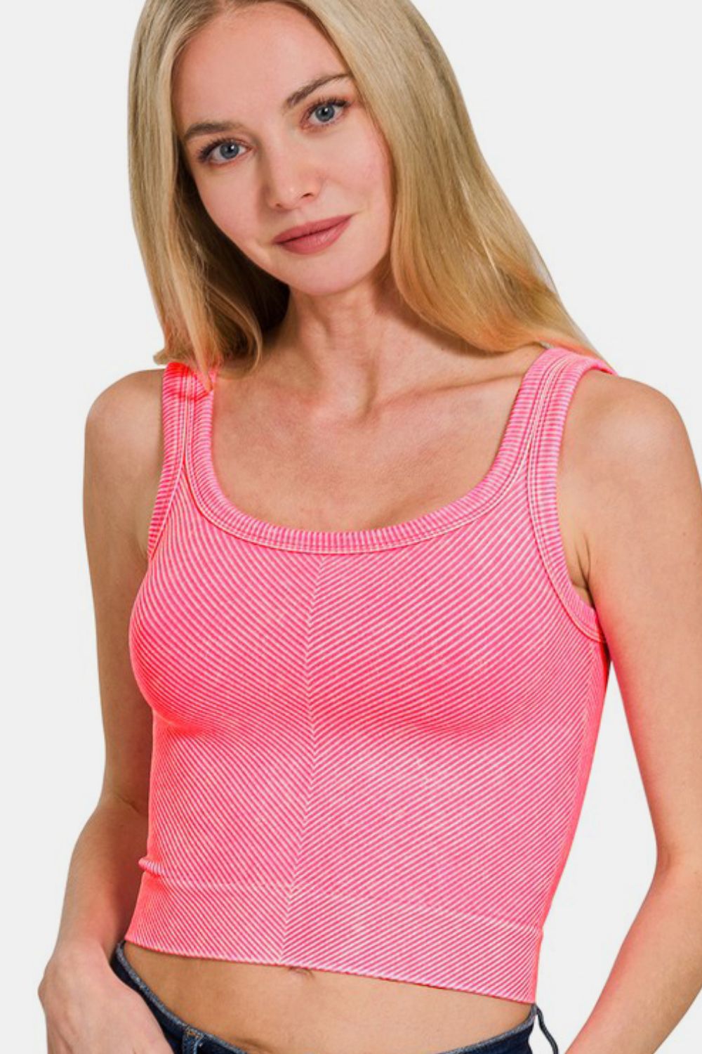 Zenana Tank Top Cropped Washed Ribbed Scoop Neck Wide Strap Coral Fuchsia