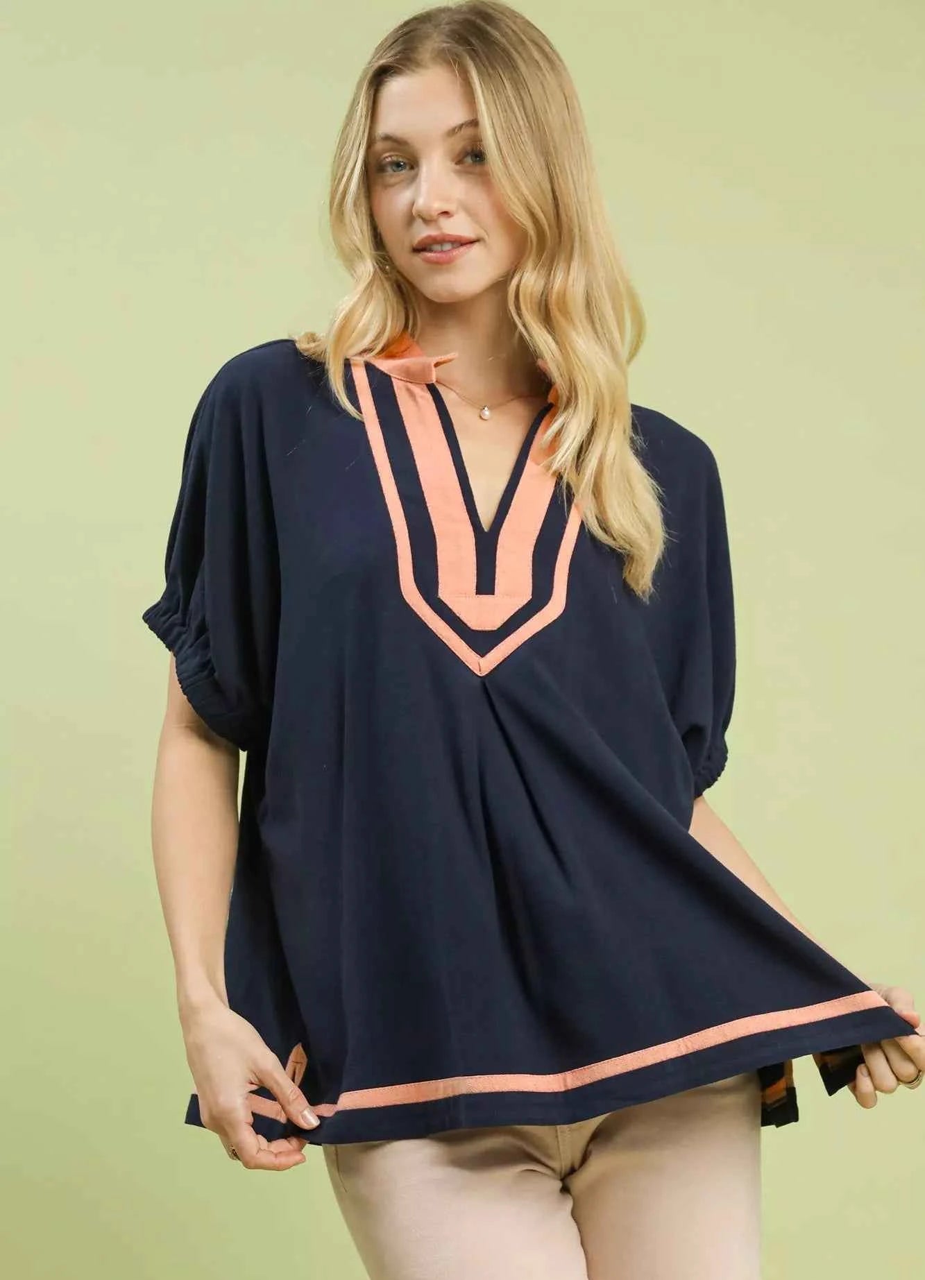 Umgee Blouse Linen Navy Blue Contrast Trim V-Neck Short Sleeve Top NAVY fdbea6dd-25af-45eb-85b2-1ae1bcded76a-Max-Origin Trendsi
