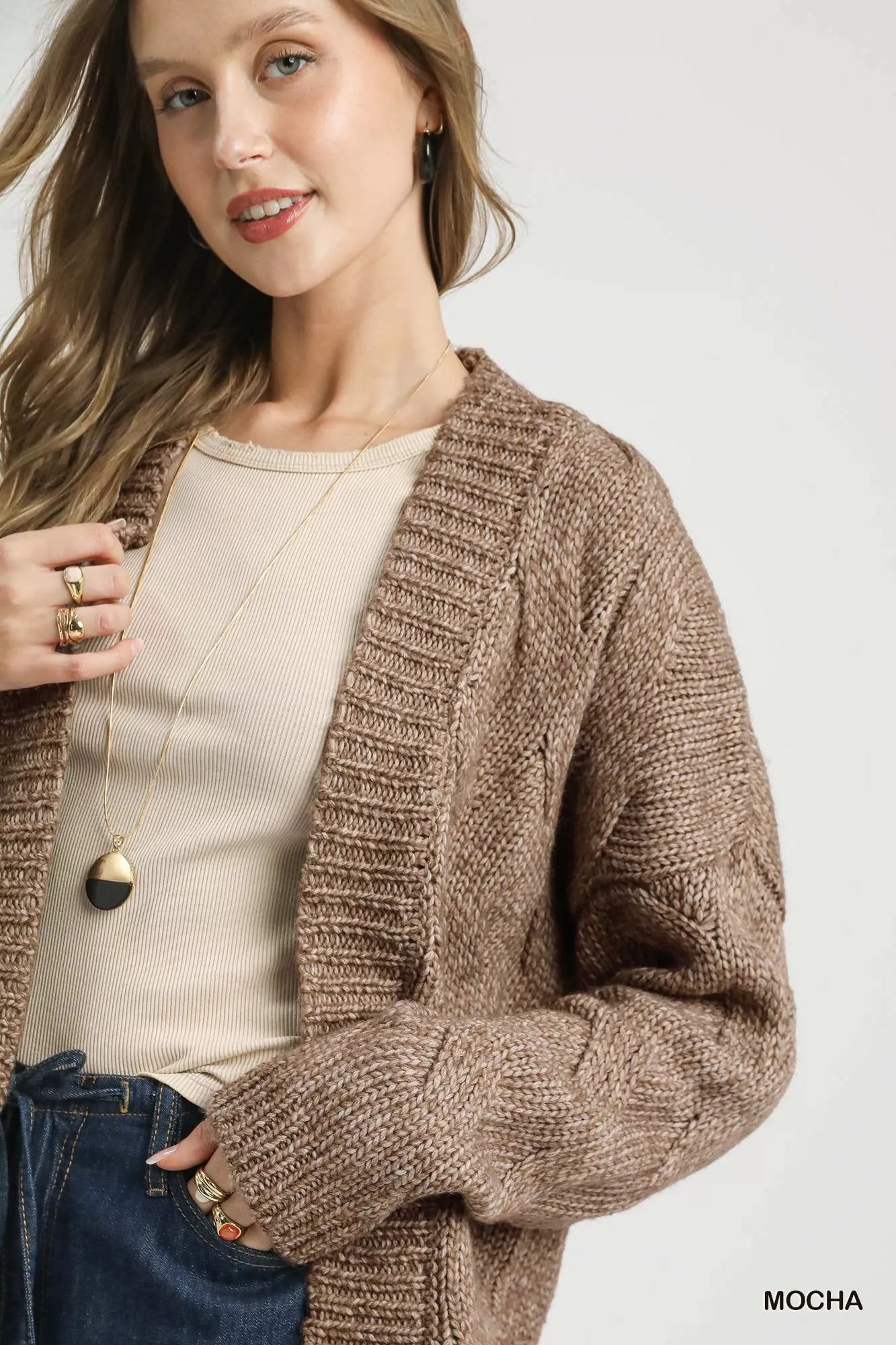 Umgee Womens Cardigan Chunky Cable Knit Mocha Woolen Knit Open Front fdc02306-d06b-4749-af71-f4ca69eb92f2-Max-Origin Trendsi