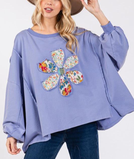 SAGE+FIG USA Women Blouse Flower Patch Oversize Long Sleeve High-Low Top