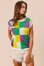 BiBi Womens Sweater Knit Top Mardi Gras Checker Pattern Sleeveless fdd879045e3343d786c587b60f697a02-Max-Origin Trendsi