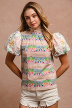 BiBi Blouse Multicolor Ruffle Neckline With Embroidery Bubble Short Sleeve Top fddbec29fa0240c7b3867cf6a167b173-Max-Origin Trendsi