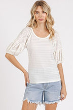 Mittoshop Blouse Off White Mixed Media Textured Knit Popcorn Puff Half Sleeve fde68baa-bee3-40ef-b07a-cb49b858c192-Min Trendsi