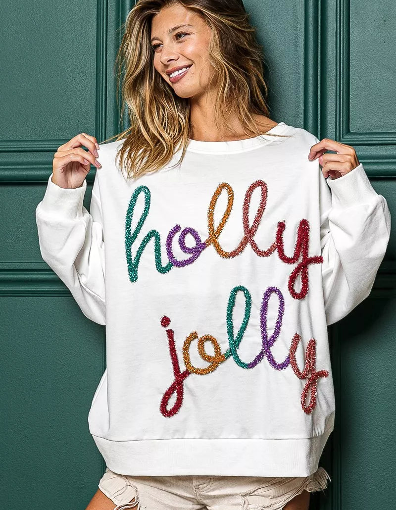 BiBi Women's Sweatshirt Holly Jolly Christmas Off White Oversized French Terry Top OFF WHITE fde738bce1874b28a12a715dadeeec65-Max-Origin Trendsi