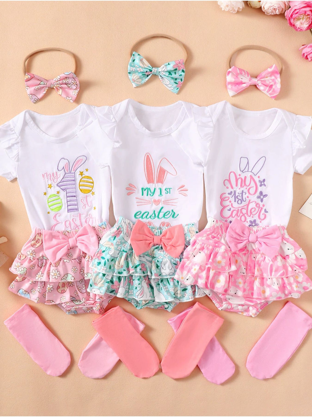 Children's Three-Piece Ruffled Trim Bodysuit and Skirt Set with Bow Headband