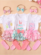 Children's Three-Piece Ruffled Trim Bodysuit and Skirt Set with Bow Headband