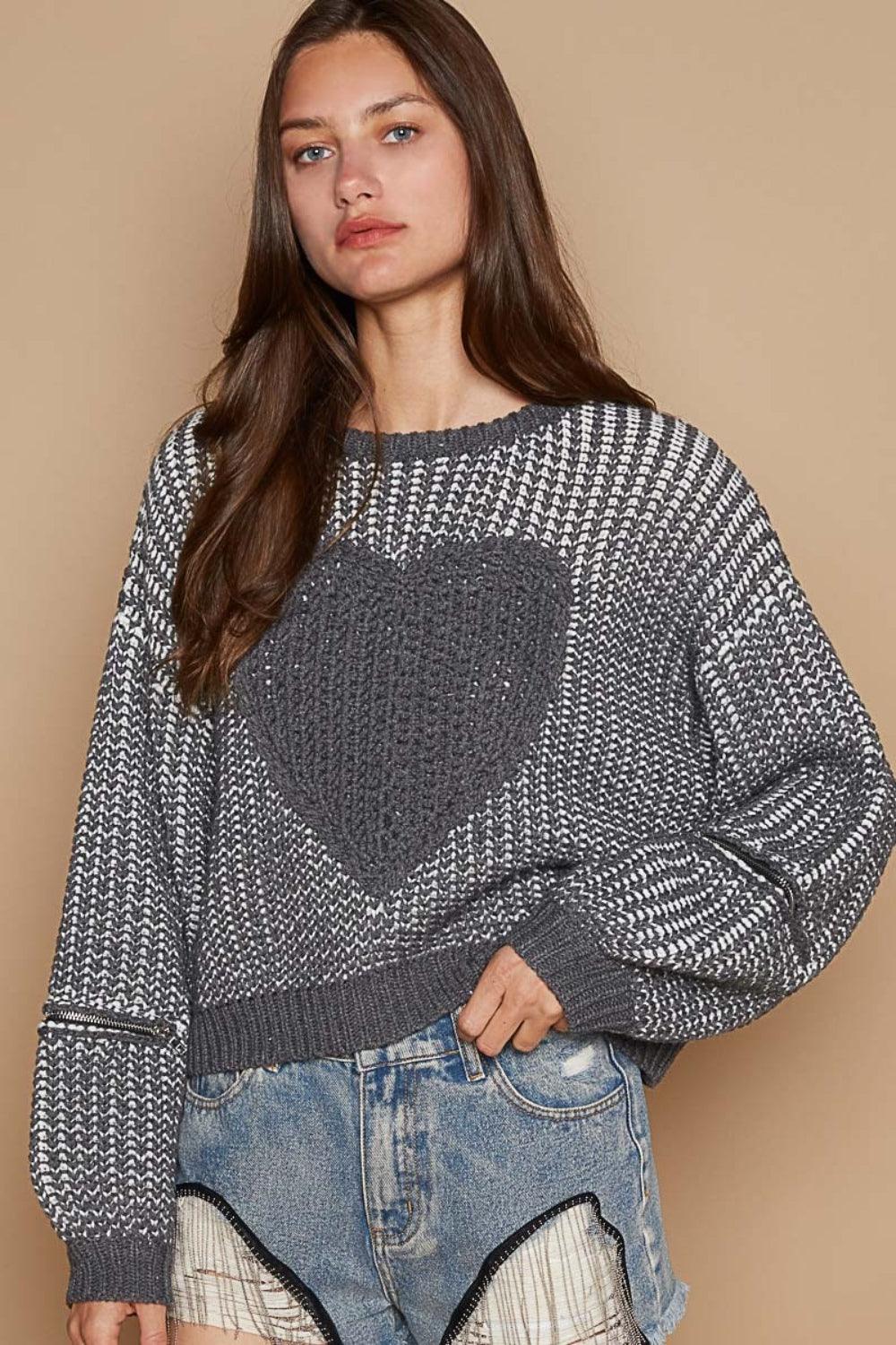POL Sweater Round Neck Heart Patch Zipper Point Sleeve Pullover Charcoal fdf41ec4-4db1-4aea-93fd-7900f3699850-Max Trendsi