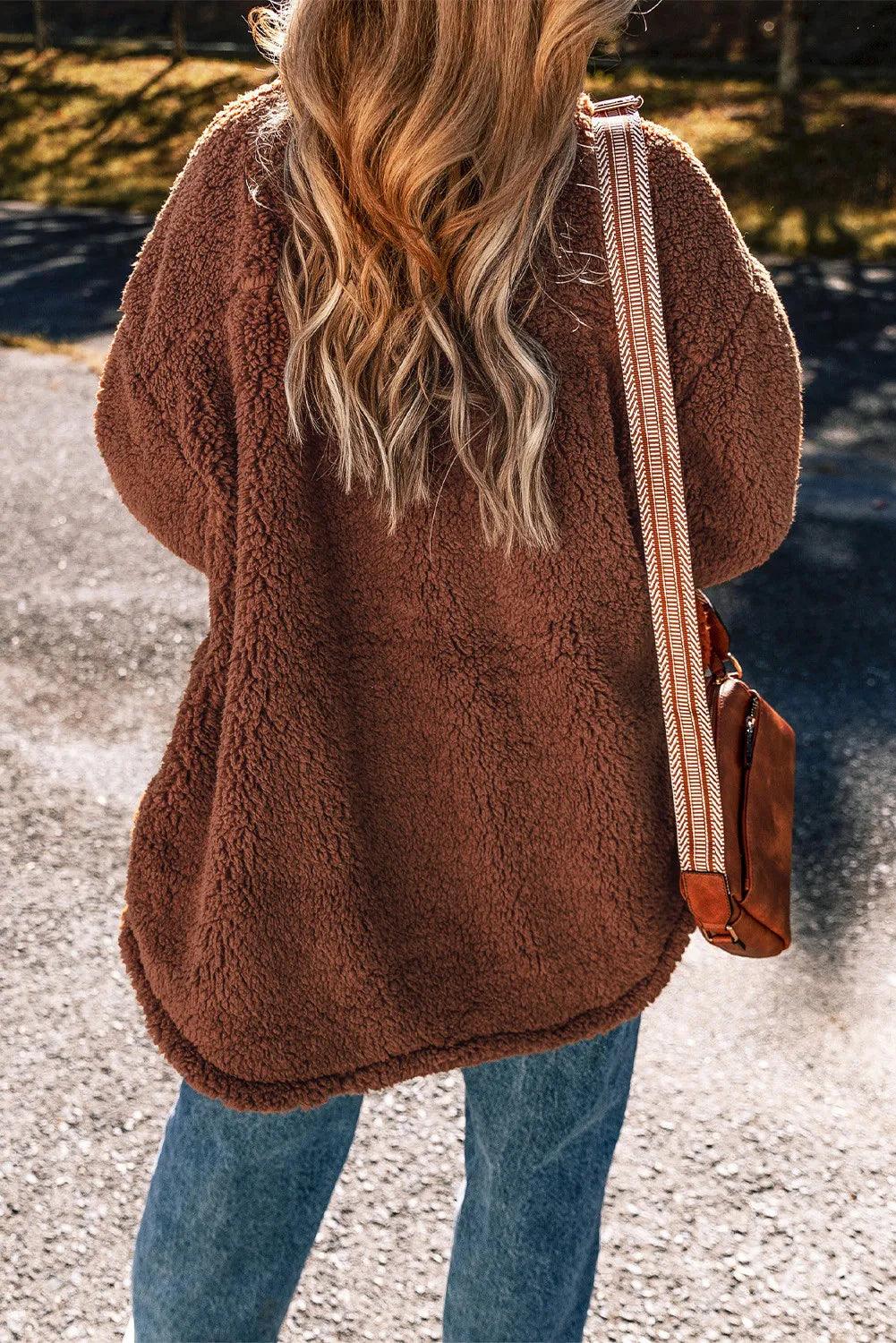 Fuzzy Jacket Snap Down Dropped Shoulder Long Sleeve Outwear