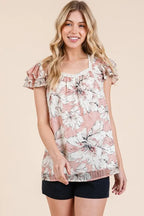 Lime 'N' Chili Blouse Pink Floral Print Lace Trim Puff Short Sleeve fe0354c9073f4e56a05eaa68091ce123-Max-Origin Trendsi