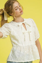 Umgee Blouse Cream Embroidered Bow Tie Front Neck Peplum Short Sleeve Top Cream fe039055-9874-4609-b403-eb0db48fcbfa-Max-Origin Trendsi