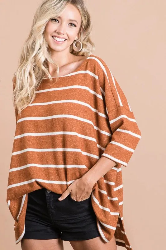 BiBi Brushed Stripe Hacci Top with Wide Neck