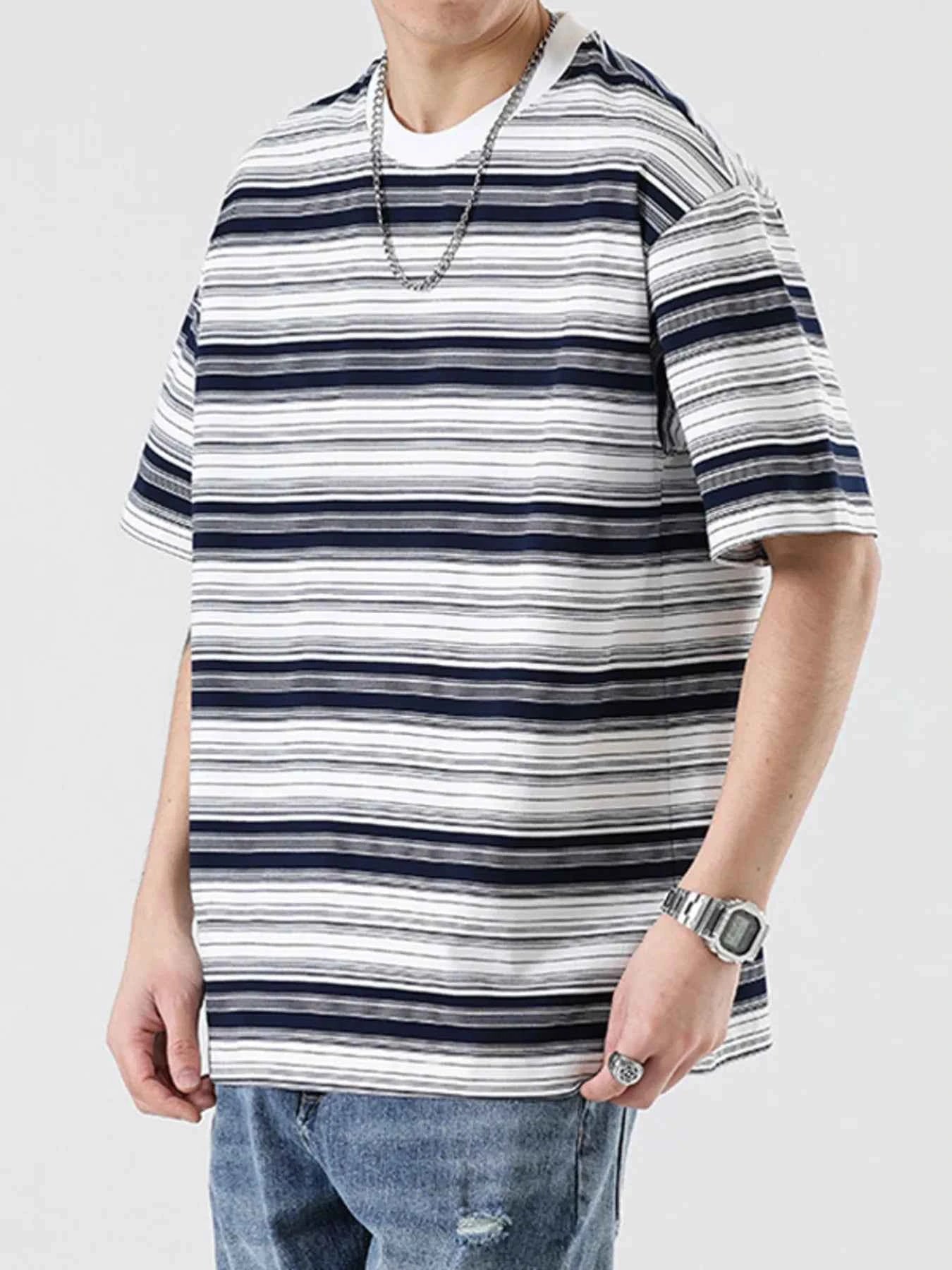 Men's Plus Size Relaxed Fit Striped Crew Neck T-Shirt