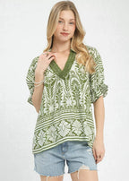 Umgee Women Blouse Green Two Tone Boarder Print Top Short Sleeve GREEN fe0ebc2d-c1f8-4616-9247-e498dcba2092-Max-Origin Trendsi