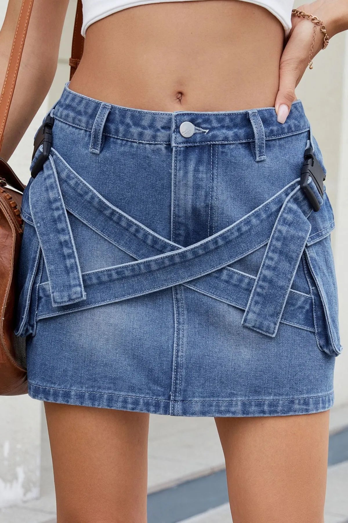 Denim Mini Skirt Criss-Cross Waist Detail with Crago Pockets Blue Black fe0f92c0-31b3-4d93-8643-7abcdaf4901e-Max-Origin Trendsi