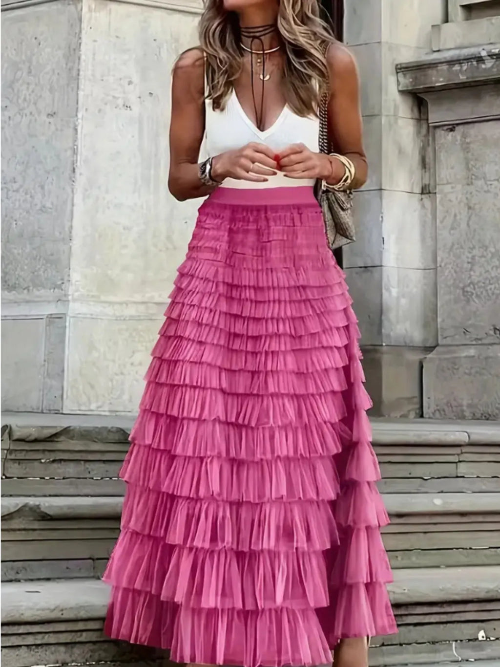 Ruffle Maxi Skirt Layered Mesh Tiered Elastic Waist fe132223b761458fa4753d4471f39dc1-Max-Origin Trendsi