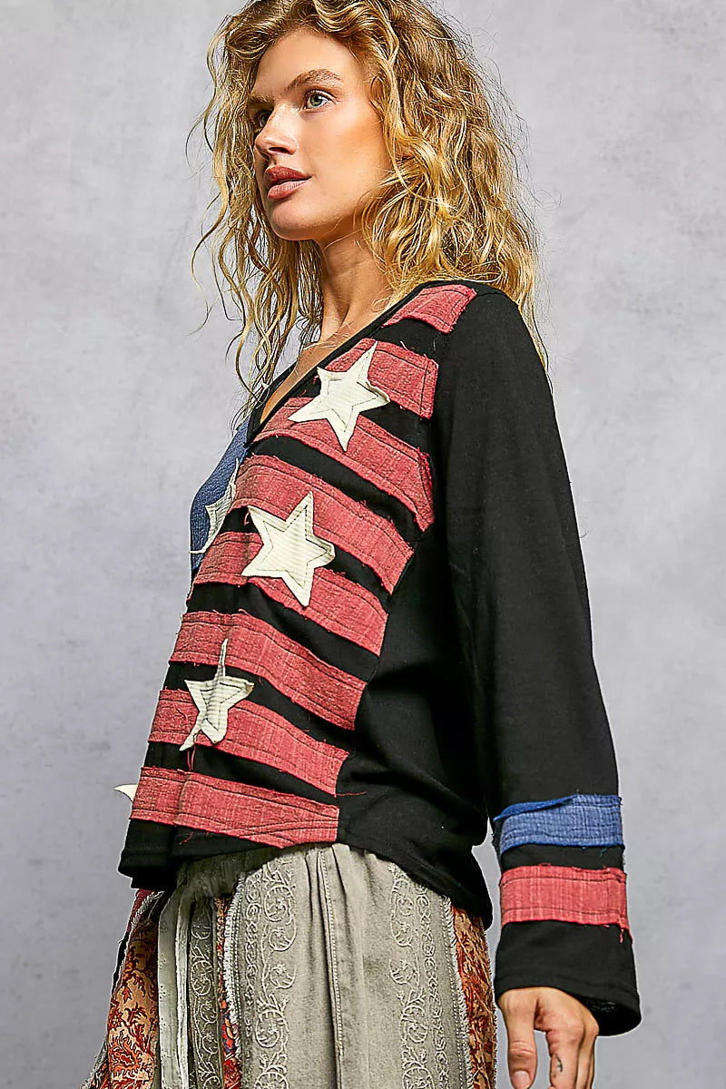 POL Double Gauze American Flag Patch V-Neck Long Sleeve T-Shirt fe13e597-0df1-4331-881a-3827cd102227-Max-Origin Trendsi