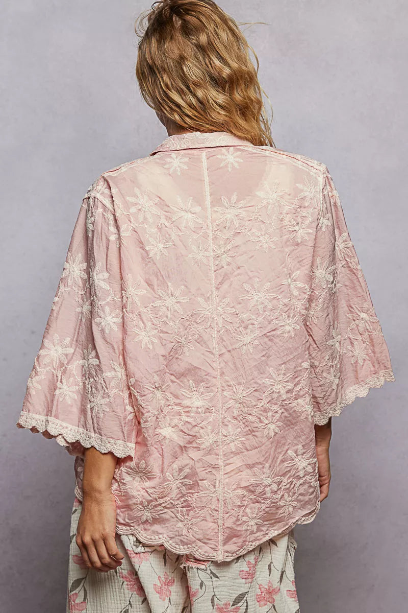 POL Shirt Pink Embroidered Floral Collared Neck with Scalloped Edges Top fe2148e6-317a-4309-b046-fee40a9dd791-Max-Origin Trendsi