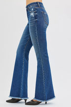 RISEN Womens Flare Jeans Dark Wash Raw Hem High Rise Denim Pants fe22a817a34c46d9beb625744497c3c8-Max-Origin Trendsi